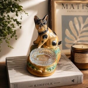 Vintage Chalkware French Bulldog Dog Figurine with Glass Ashtray Mid Century